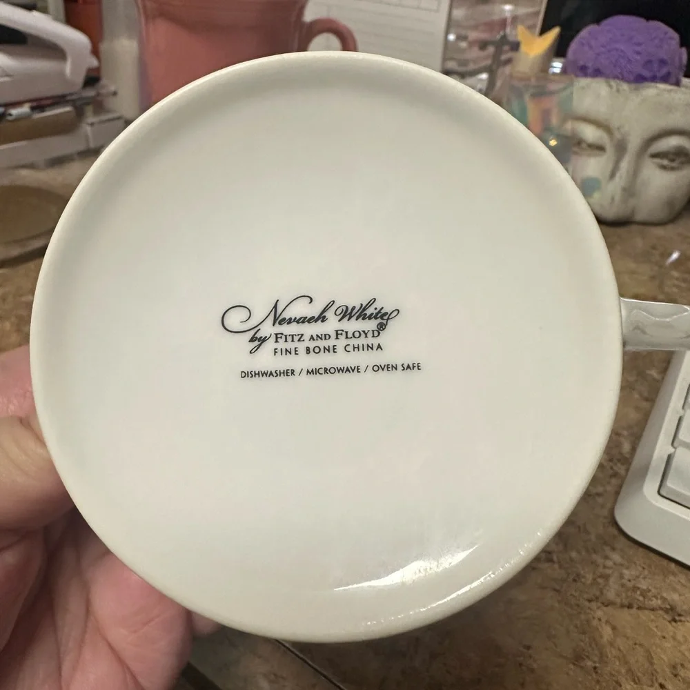 Fitz and Floyd Nevaeh White Bone China Cup and Saucer